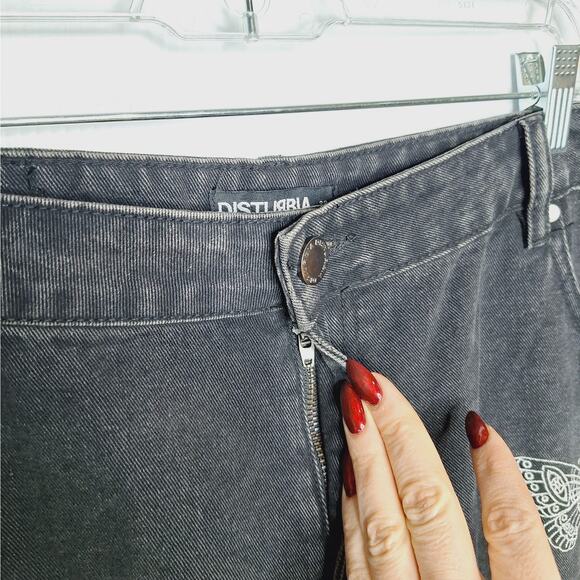 Disturbia Thysania Wide Leg Jeans 38 US 16 Embroidered Death Head Moth Goth Alt - Picture 7 of 9